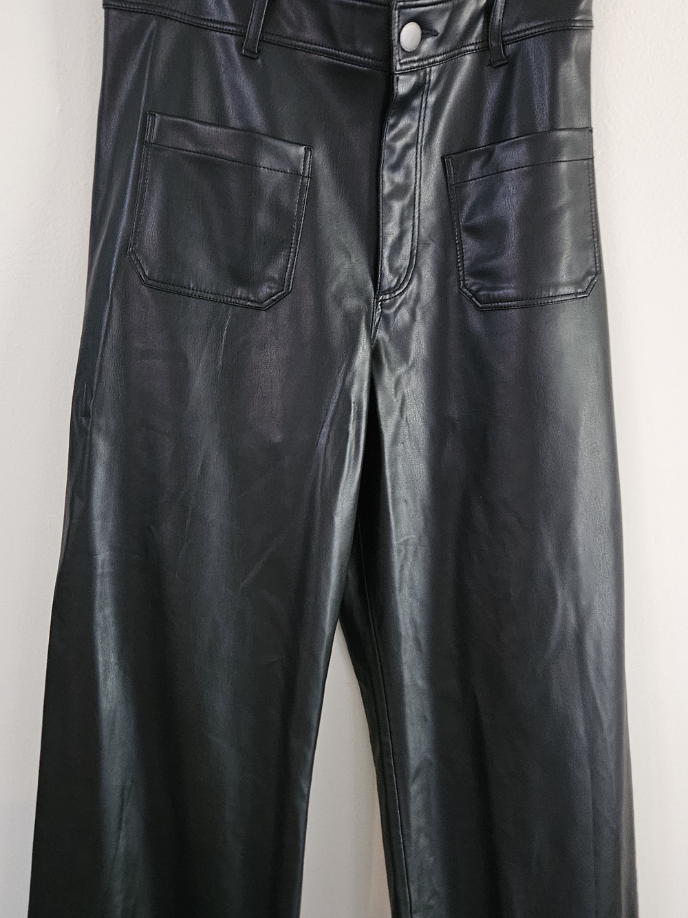 Women's Black Vegan Leather Relaxed Wide Leg Pants.